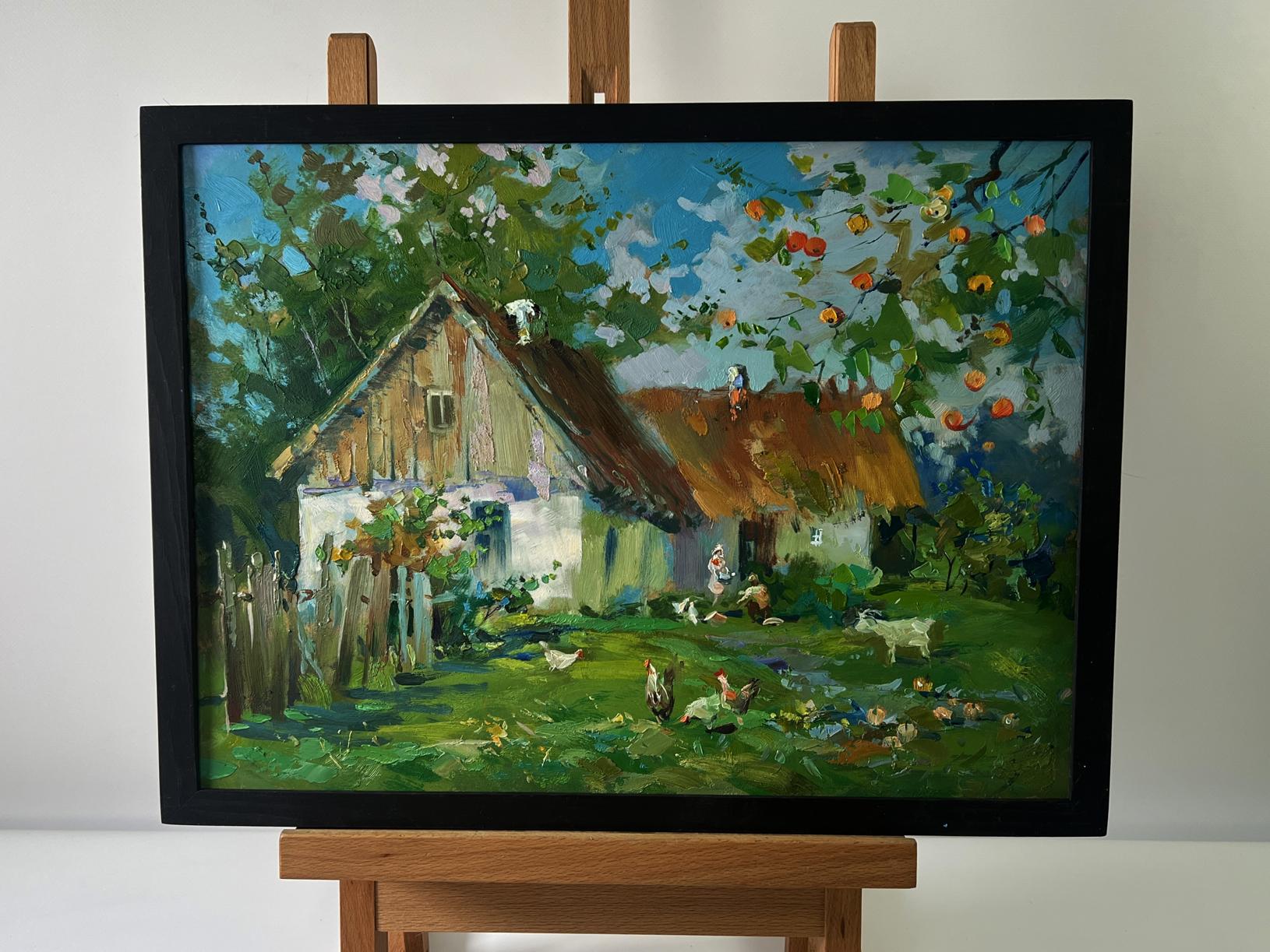 Oil painting Village with animals by Yuriy Suprunchuk rustic countryside scene