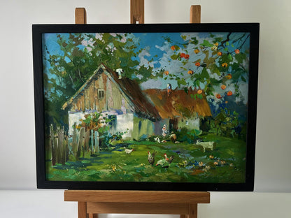 Oil painting Village with animals by Yuriy Suprunchuk rustic countryside scene