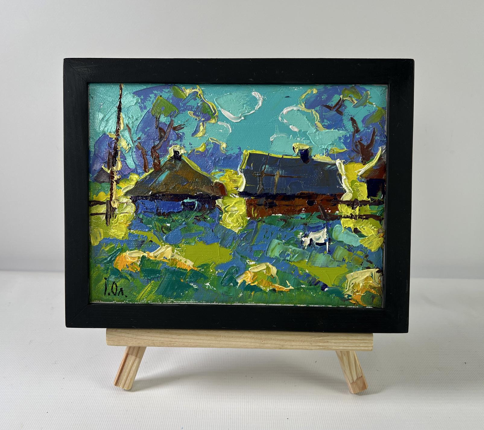 Oil painting Moonlit night in the village by Oleksiy Ivanyuk, teal sky and green fields