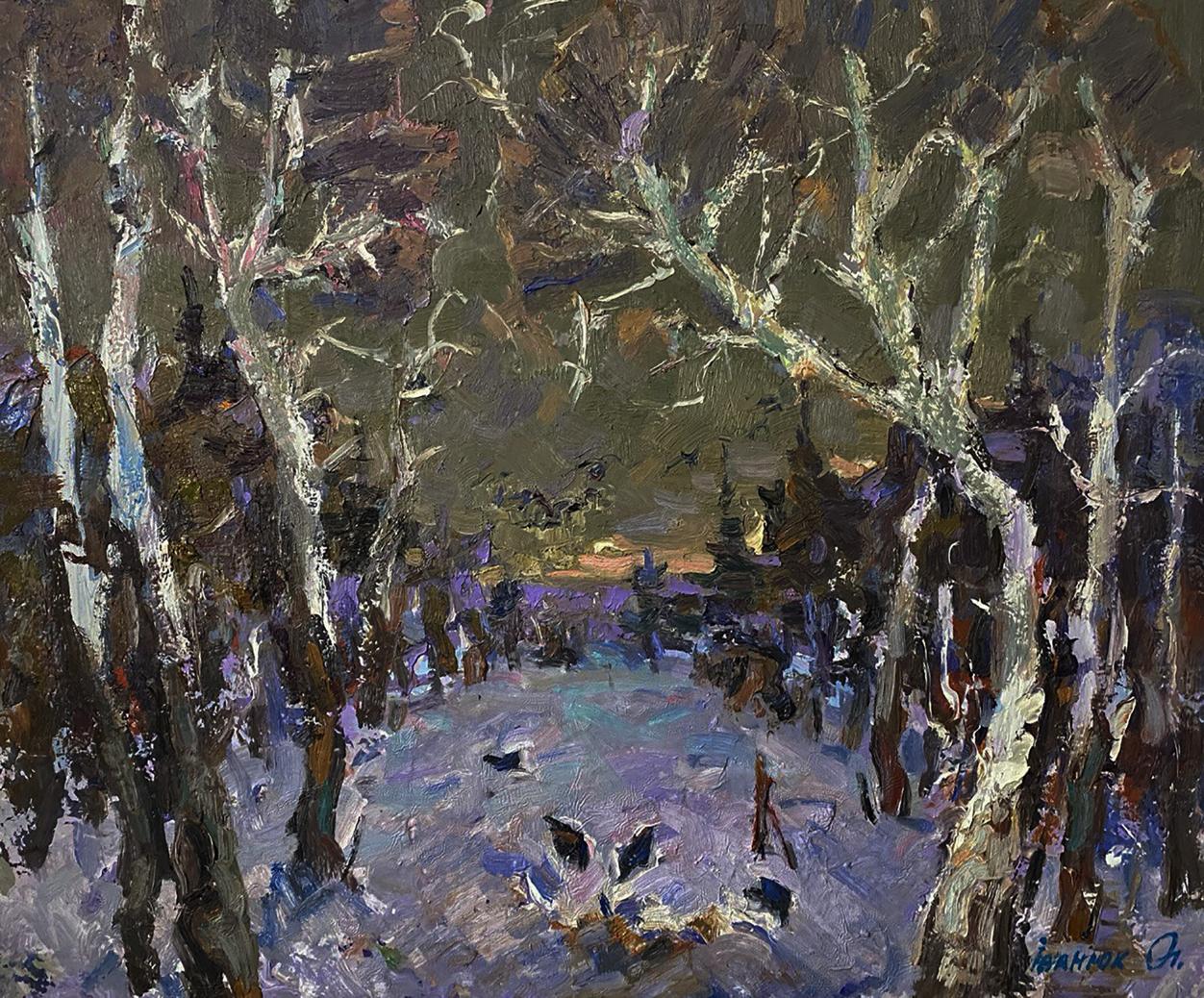Oil painting Deep Silence by Oleksiy Ivanyuk: snowy birch forest path