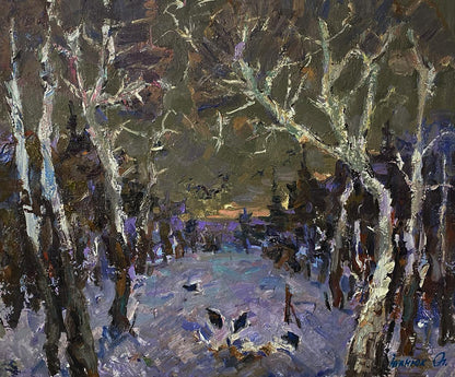 Oil painting Deep Silence by Oleksiy Ivanyuk: snowy birch forest path