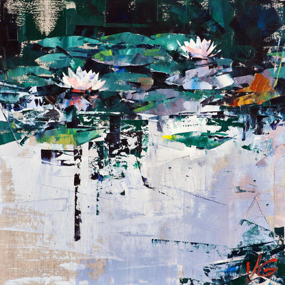 Oil painting Water lilies by Volodymyr Gluhomanyuk with pink lotus flowers
