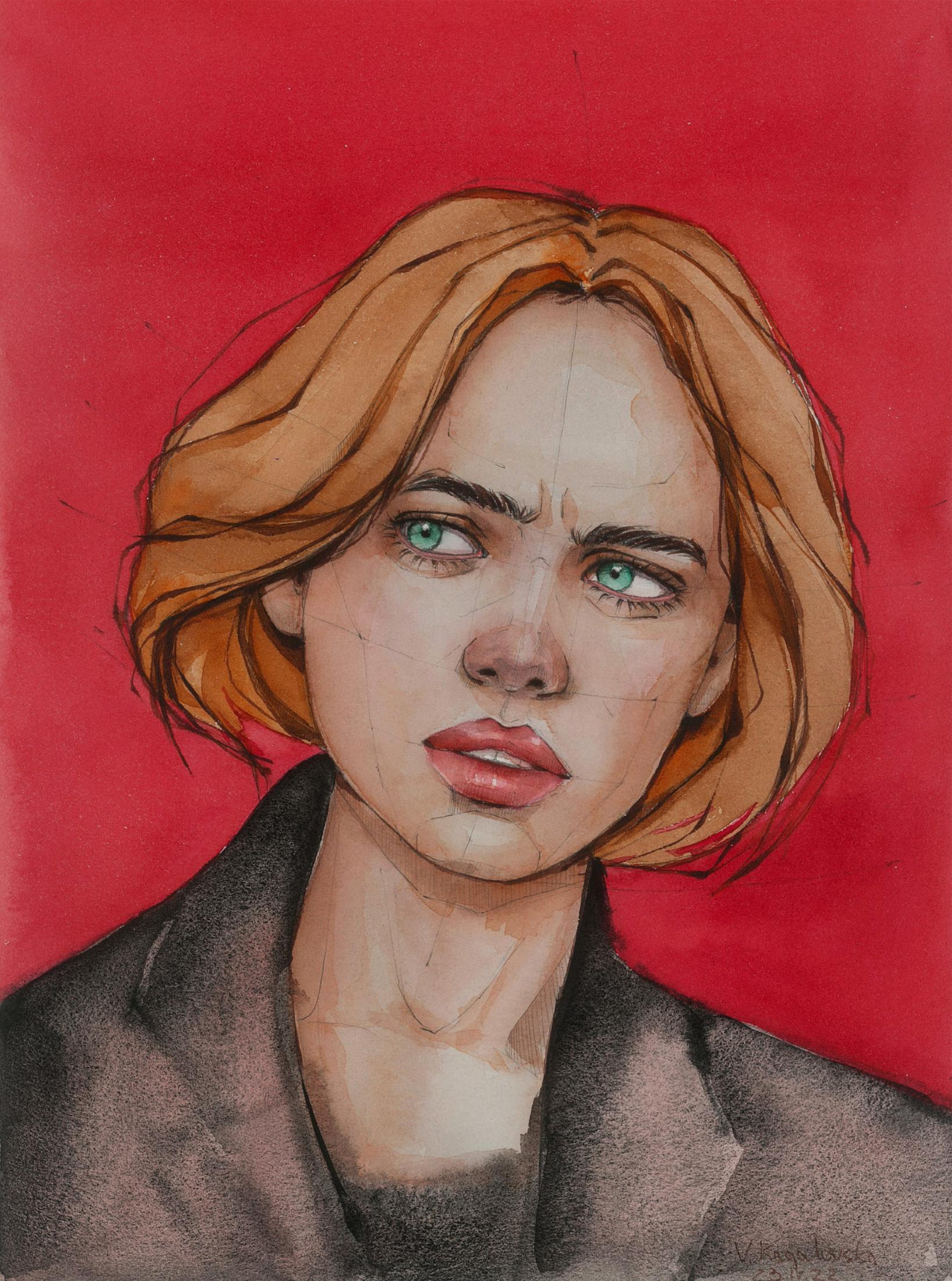 Watercolor portrait Mistrust by Victoria Kagalovska, blonde woman green eyes red background