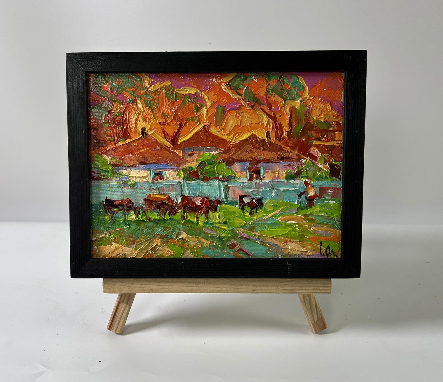 Oil painting Evening of the village by Oleksiy Ivanyuk in black frame
