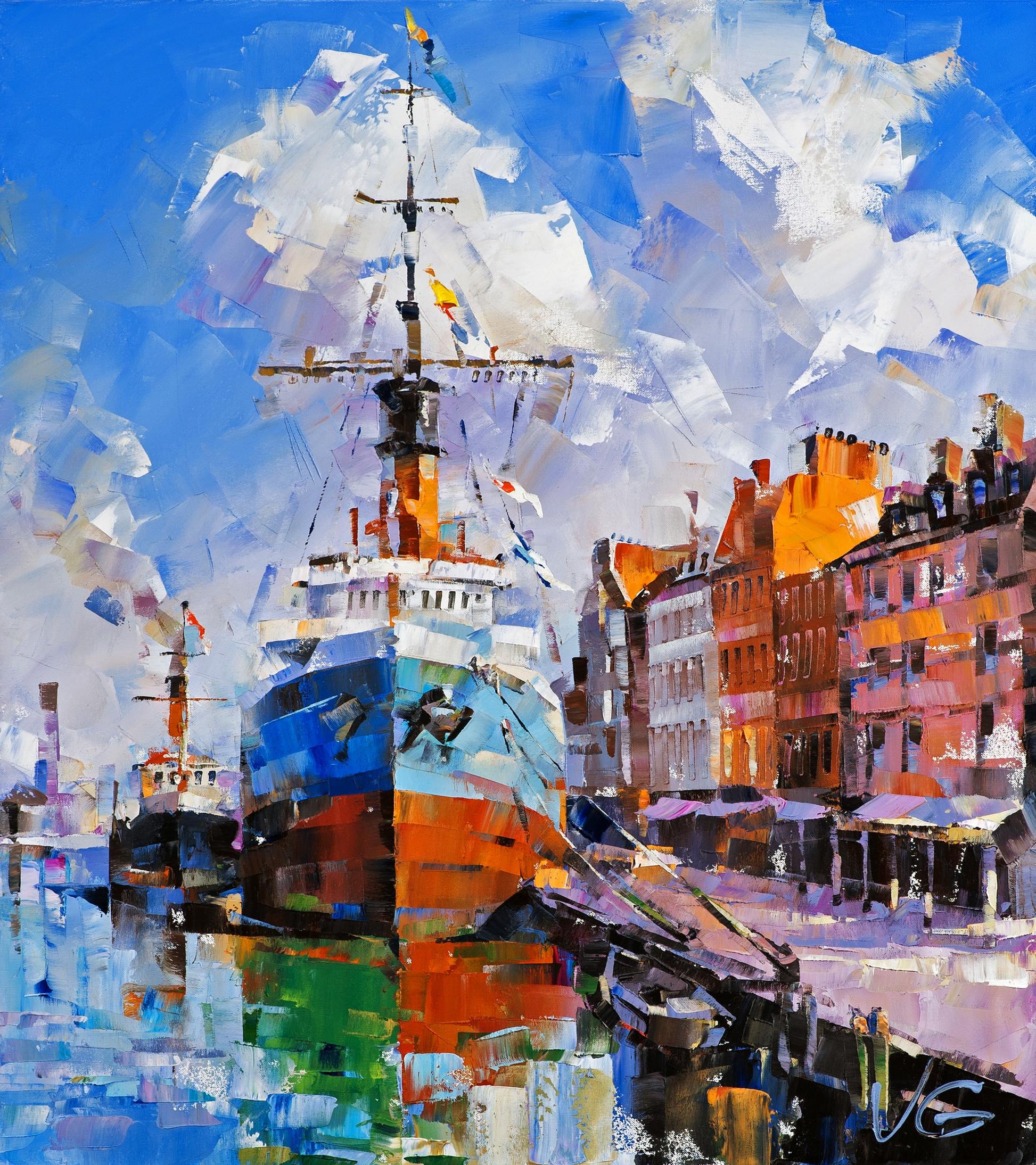 Oil painting Second Bank by Volodymyr Gluhomanyuk vibrant ship and buildings