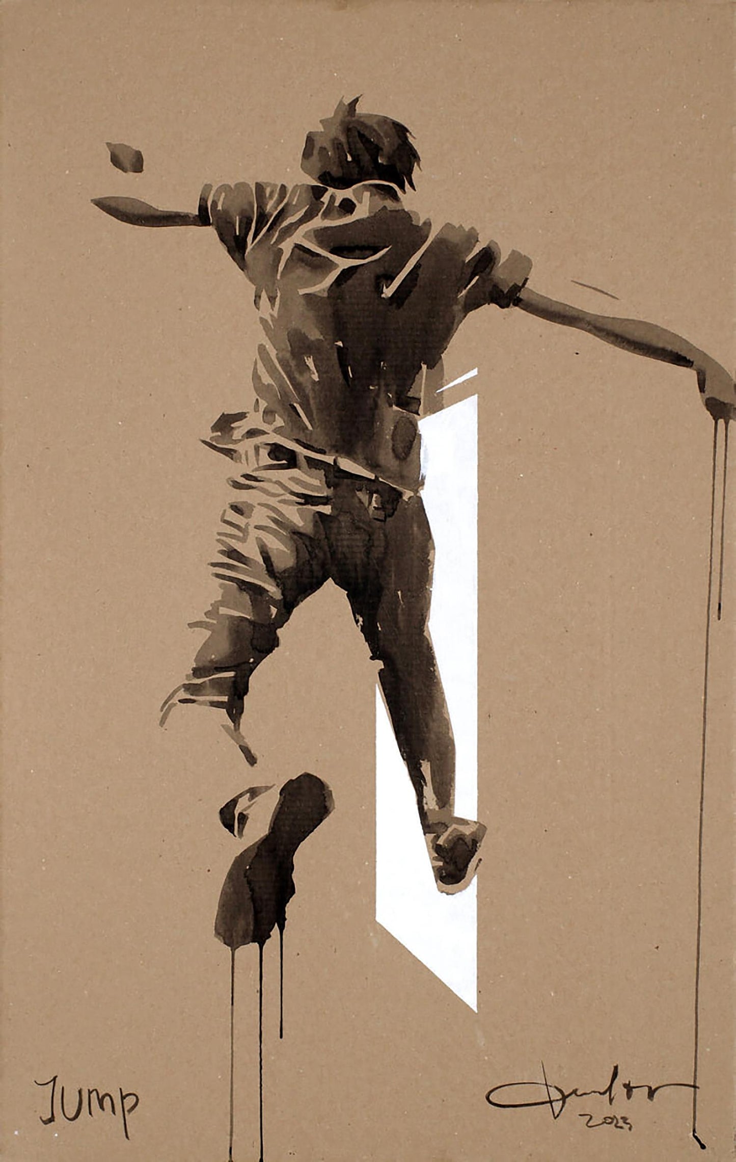 Sepia-toned ink wash illustration of Dima Filatov jump, dynamic drips