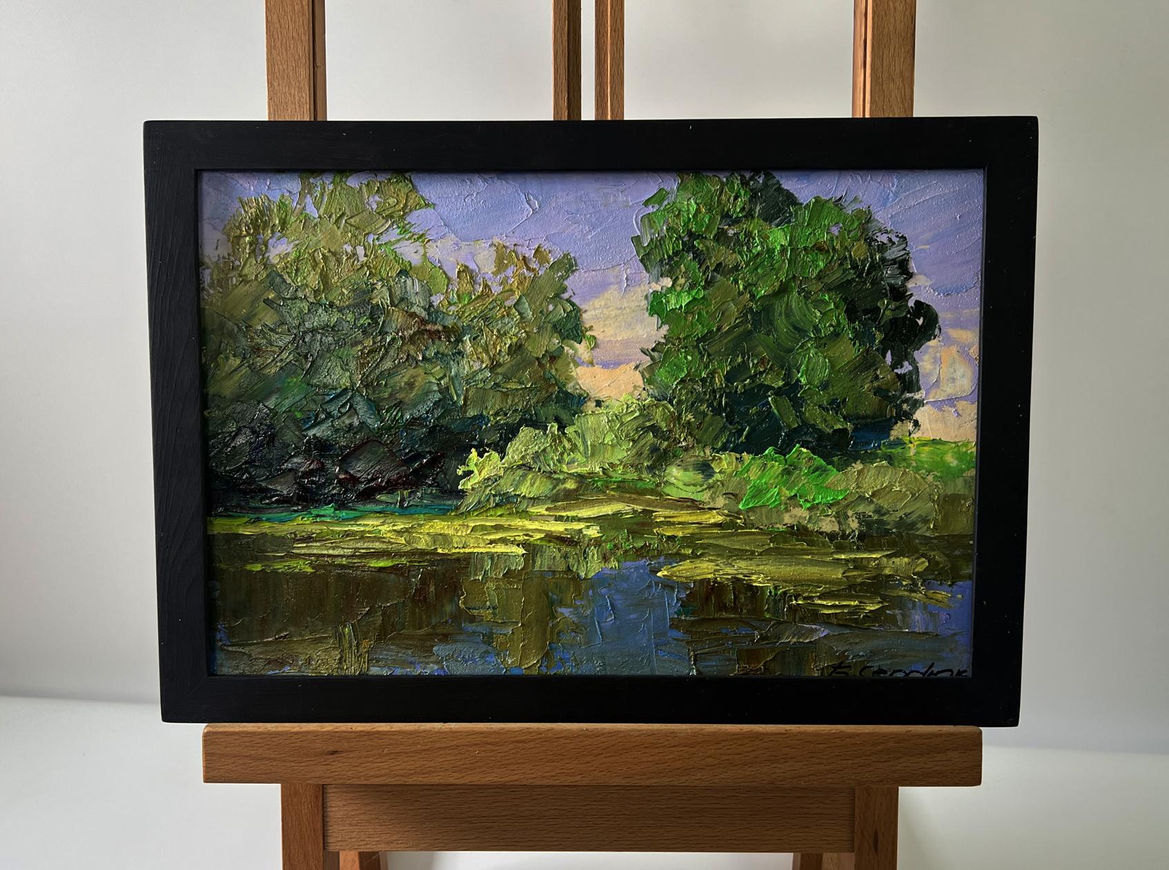 Oil painting Trees near the pond by Boris Serdyuk in black frame