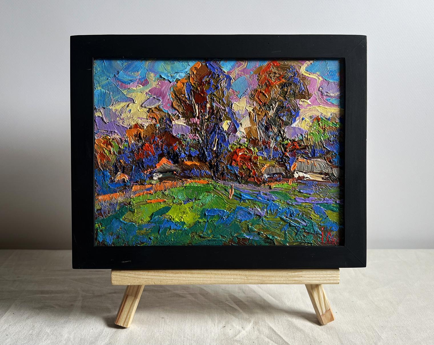 Oil painting Village freedom and relaxation by Oksana Ivanyuk in black frame