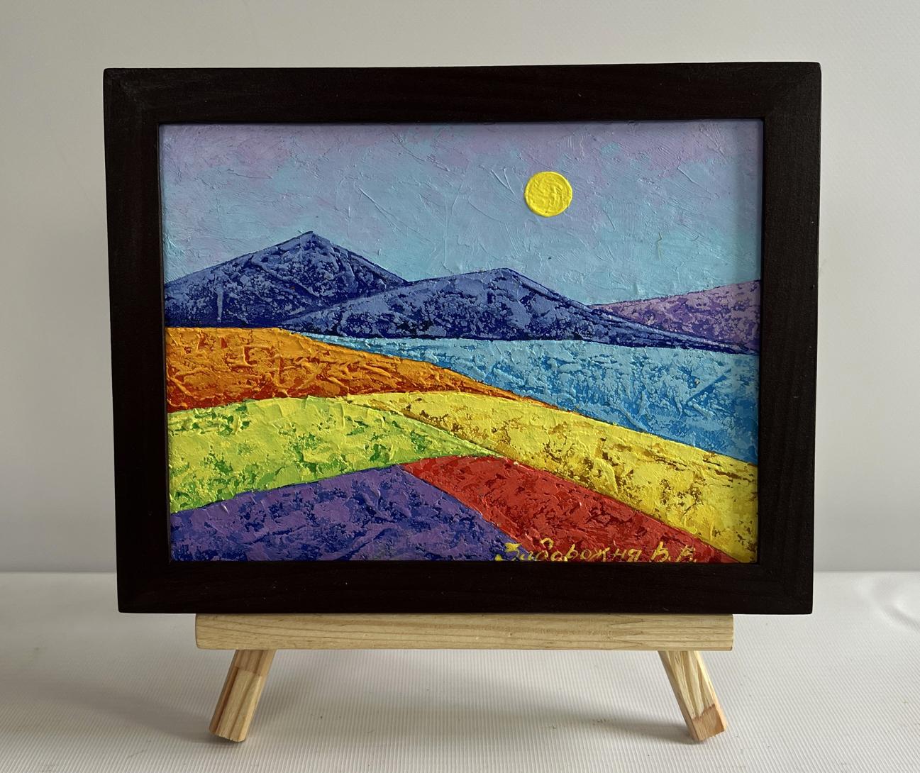 Vibrant oil painting Open horizon over the mountains by V. Zadorozhnya in black frame