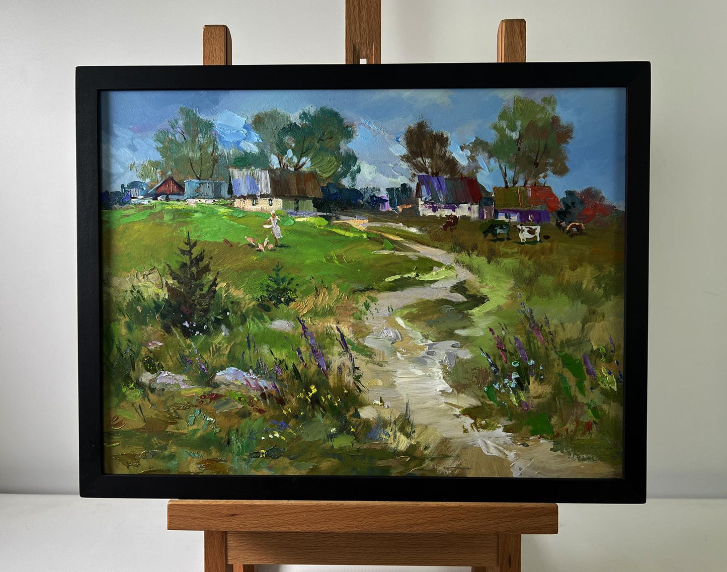 Framed impressionistic oil painting Morning with cows by Yuriy Suprunchuk