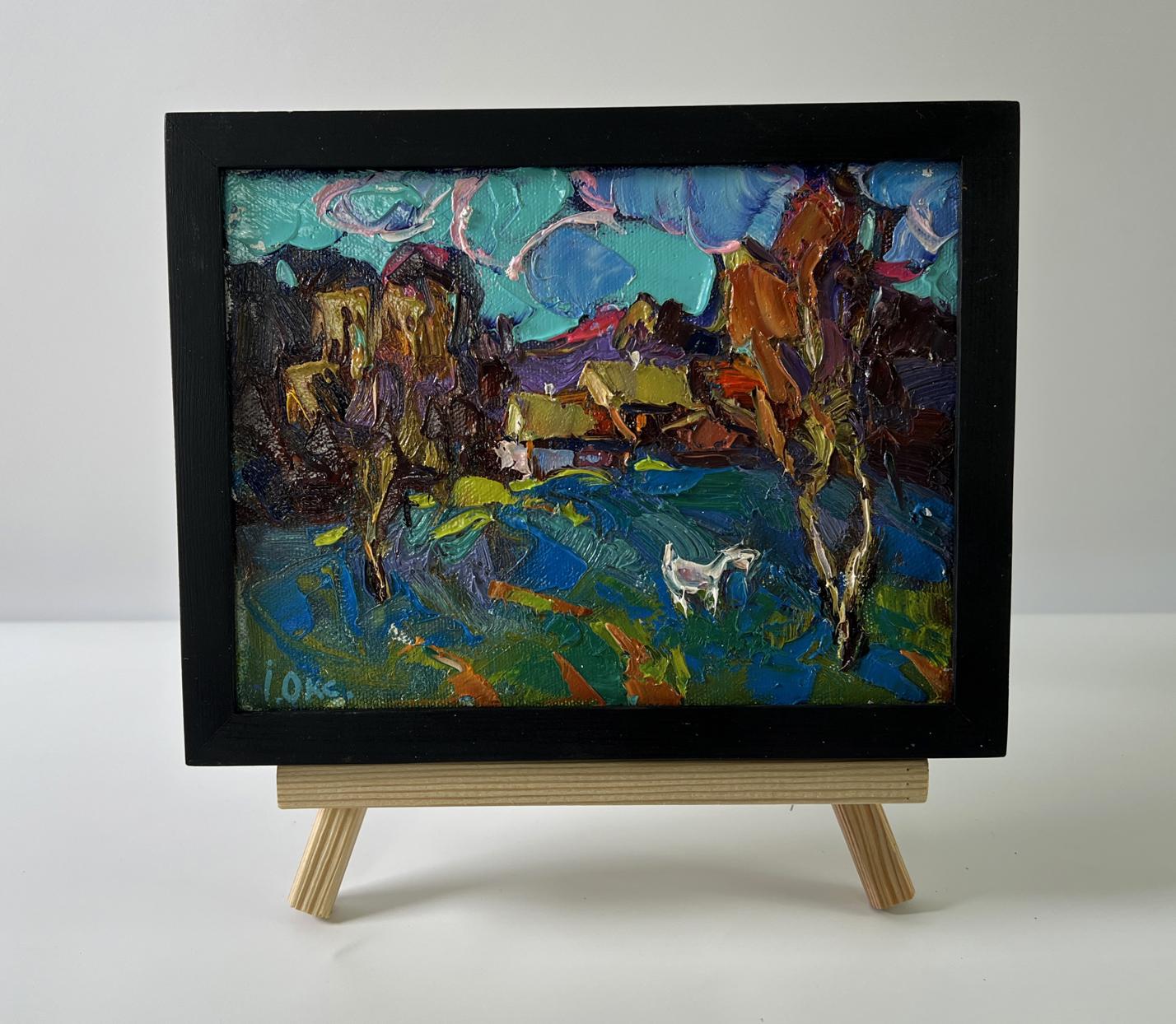 Oil painting Day outside the village by Oksana Ivanyuk in black frame