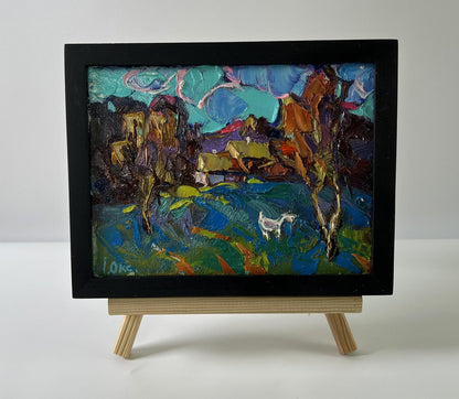 Oil painting Day outside the village by Oksana Ivanyuk in black frame