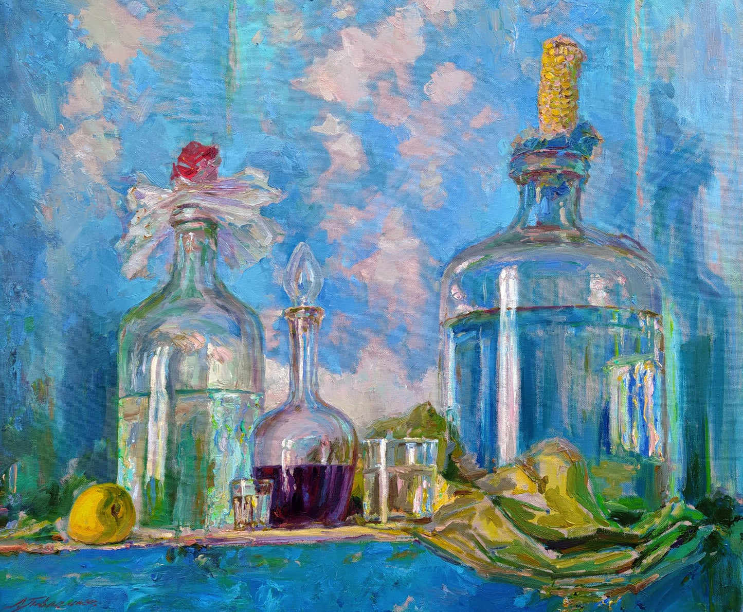 Three glass bottles with corks, ribbon bow in Leonid Pavlenko oil painting