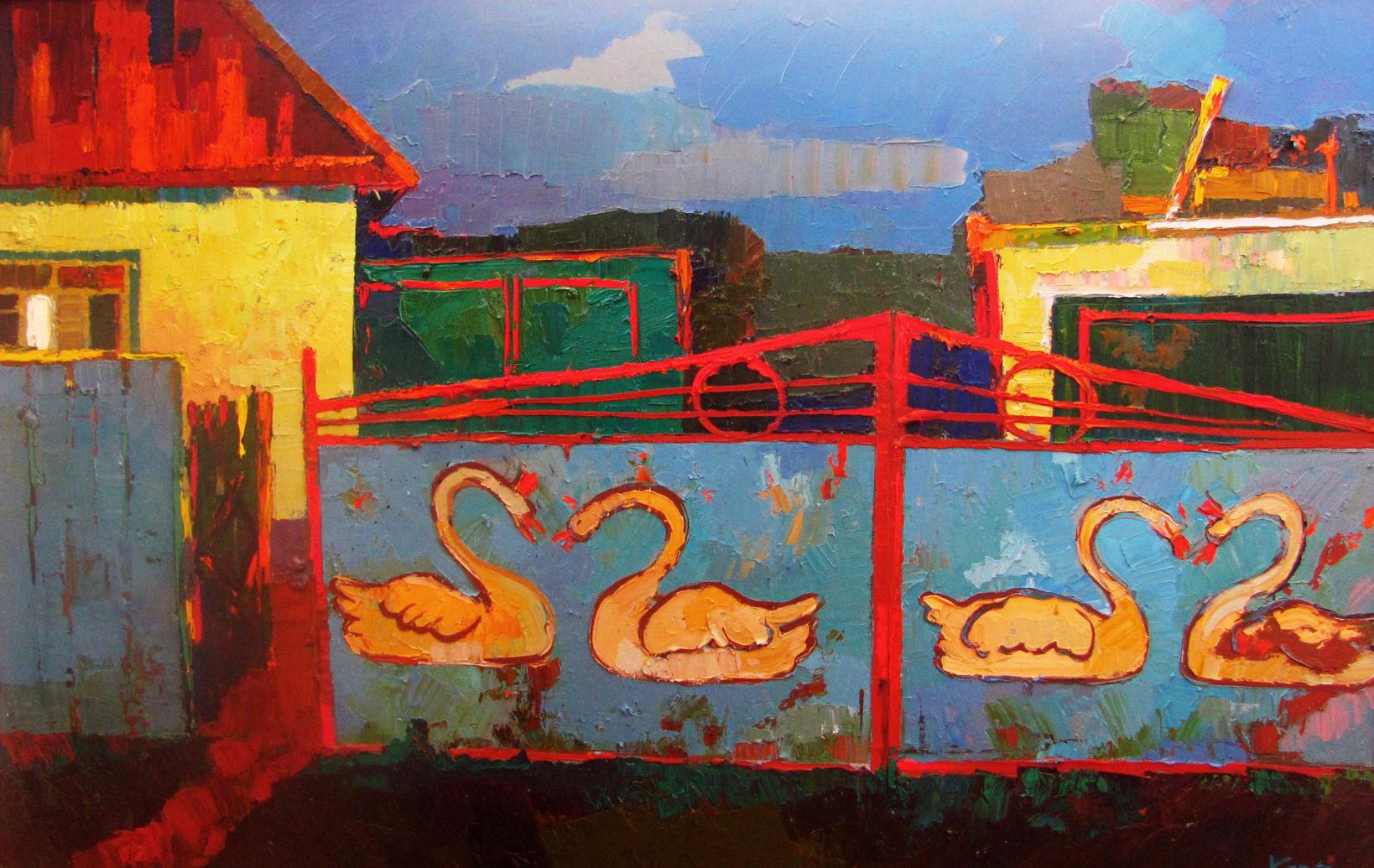 Oil painting of gates with swan patterns by Natalia Korf-Ivaniuk
