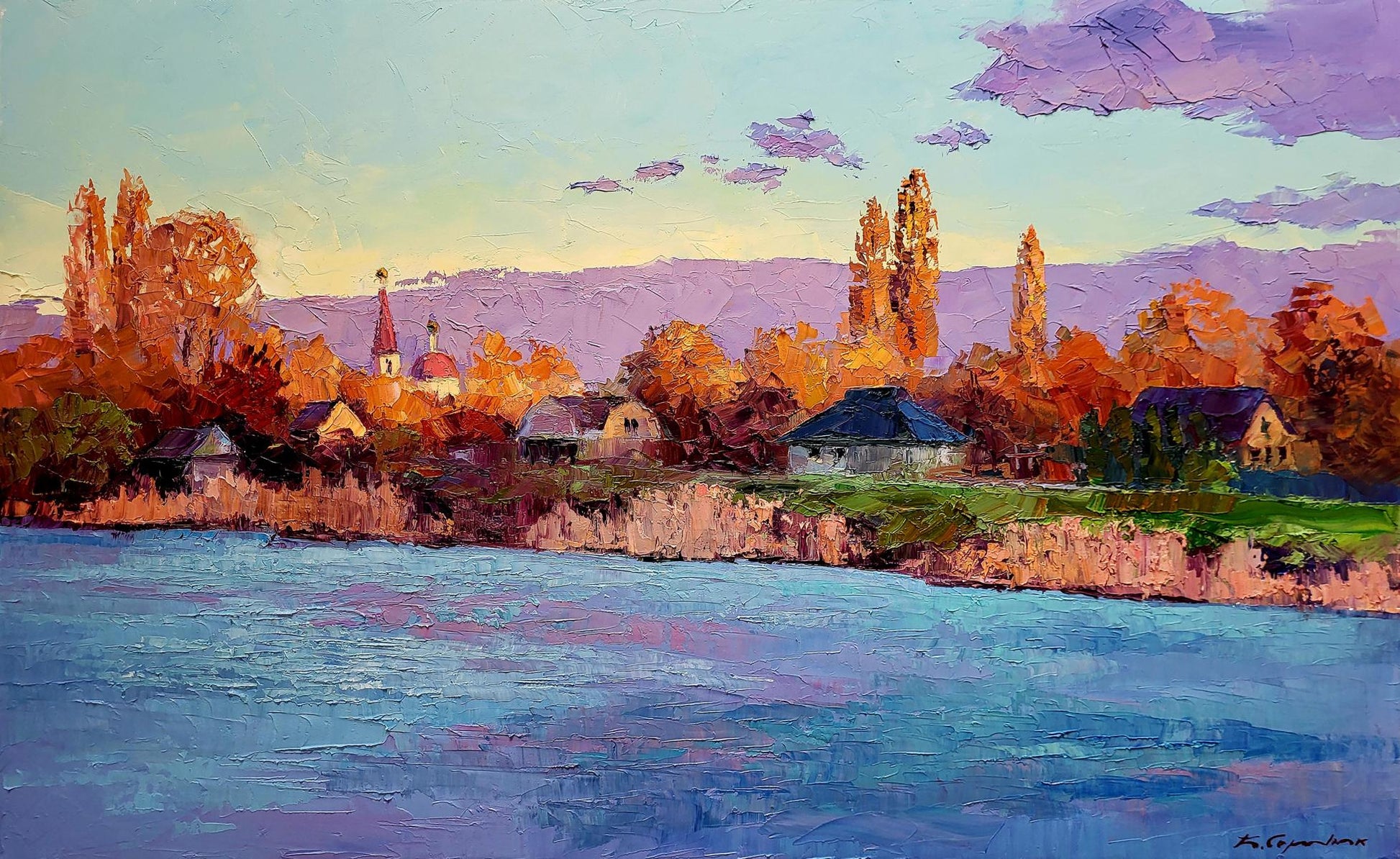 Oil painting Behind the River by Boris Serdyuk: vibrant lakeside village sunset