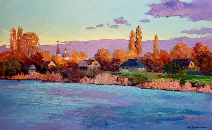 Oil painting Behind the River by Boris Serdyuk: vibrant lakeside village sunset