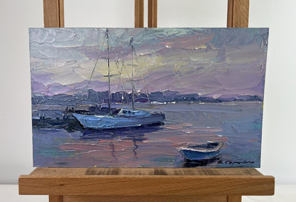 Oil painting Yacht in evening sky colors by Boris Serdyuk