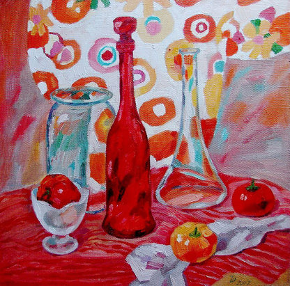 Oil painting Red still life Tatyana Shulyak with vibrant red bottle