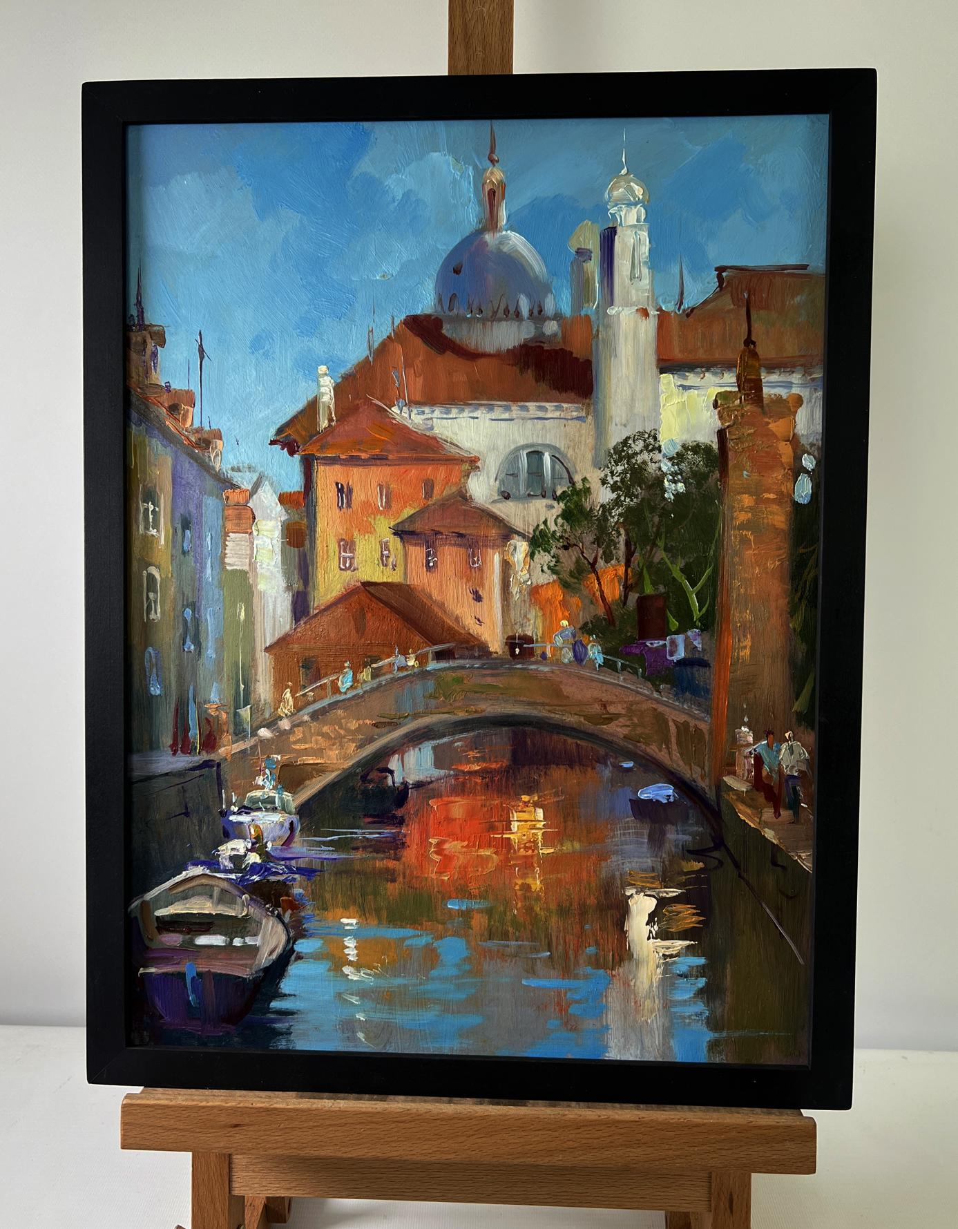 Oil painting of sunlit bridge over canal by Yuriy Suprunchuk in black frame