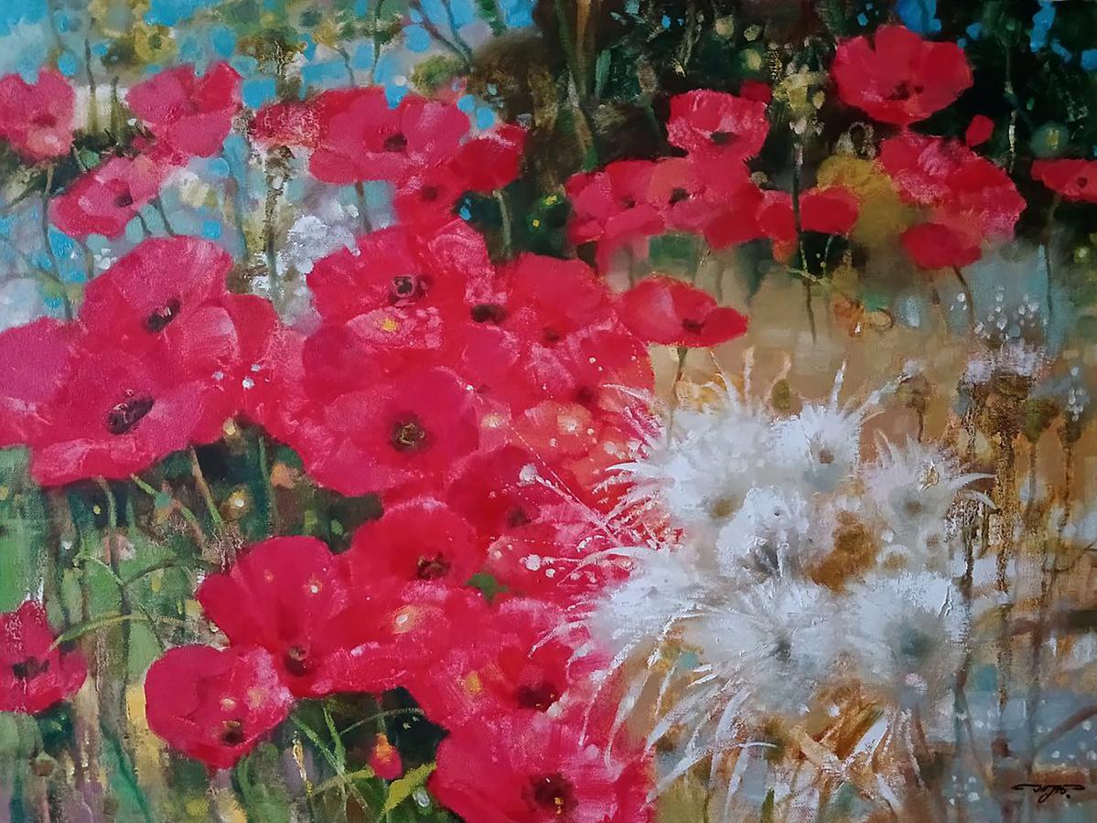 Abstract oil painting Poppies in the Field Anatoly Tarabanov