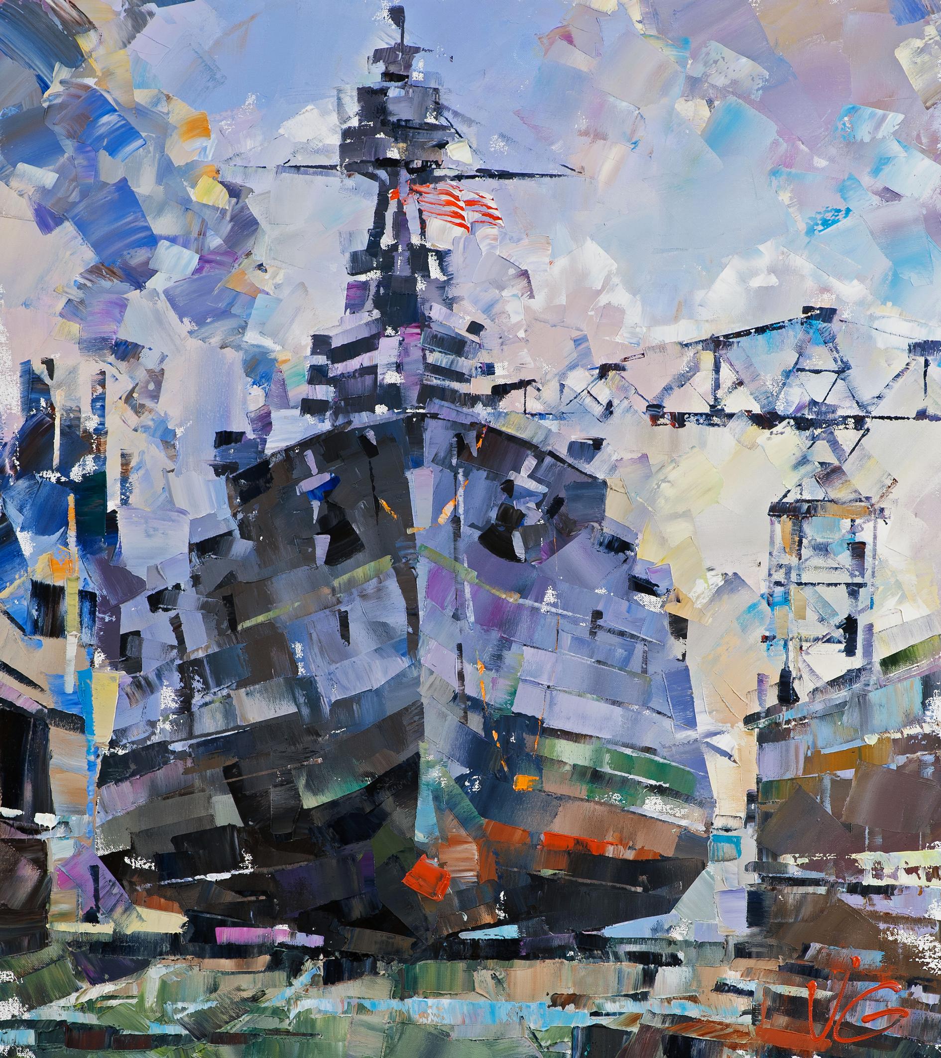Oil painting of USS Texas BB-35 in dry dock by Volodymyr Gluhomanyuk