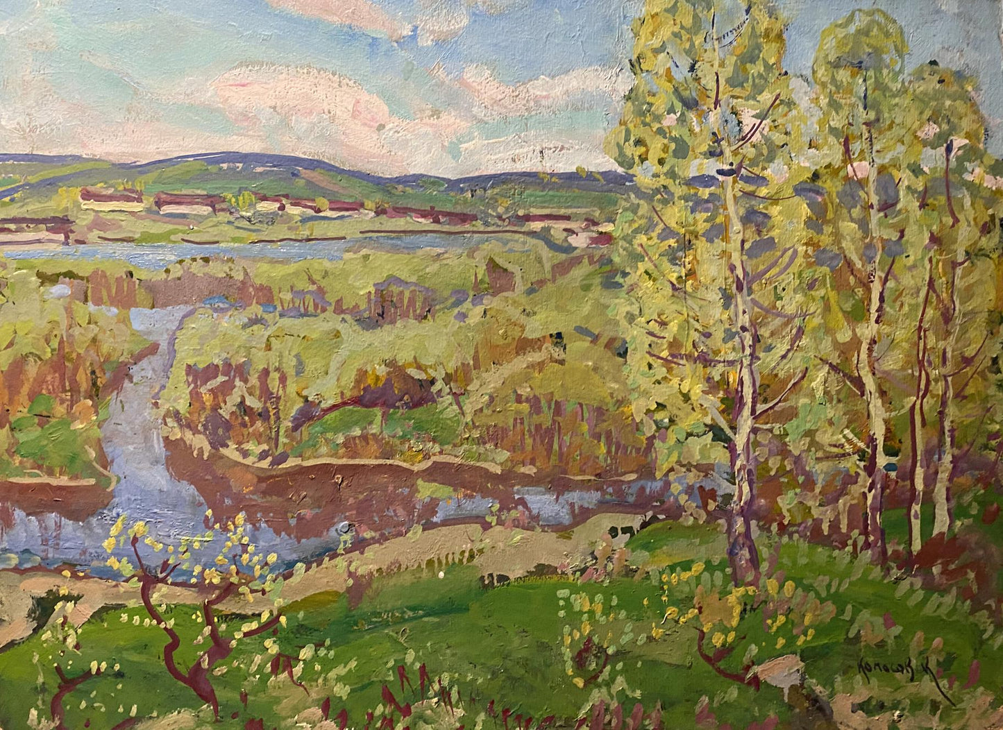 Vibrant impressionist Evening oil painting by Georgy Kolosovsky with river hills trees