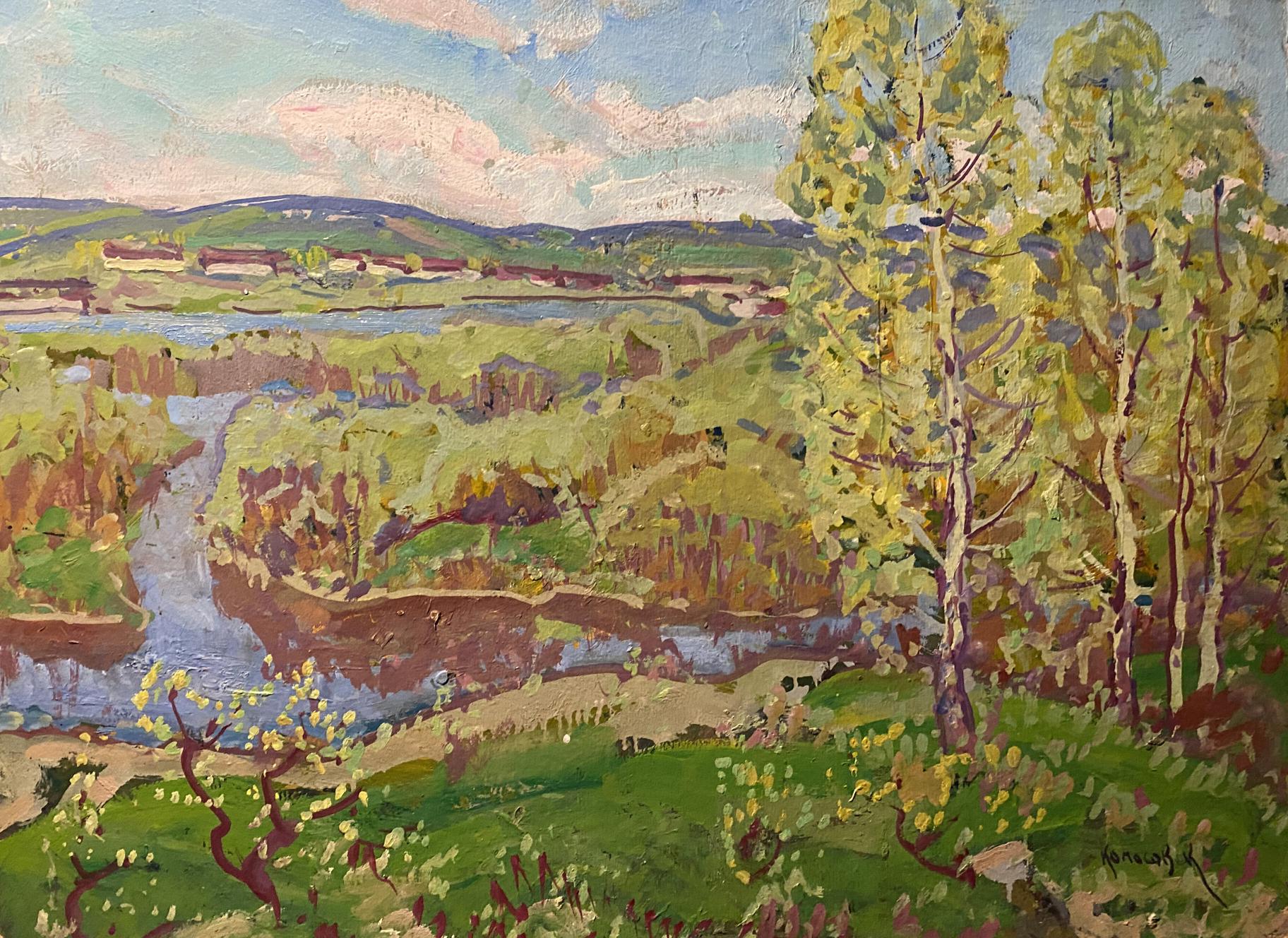 Vibrant impressionist Evening oil painting by Georgy Kolosovsky with river hills trees