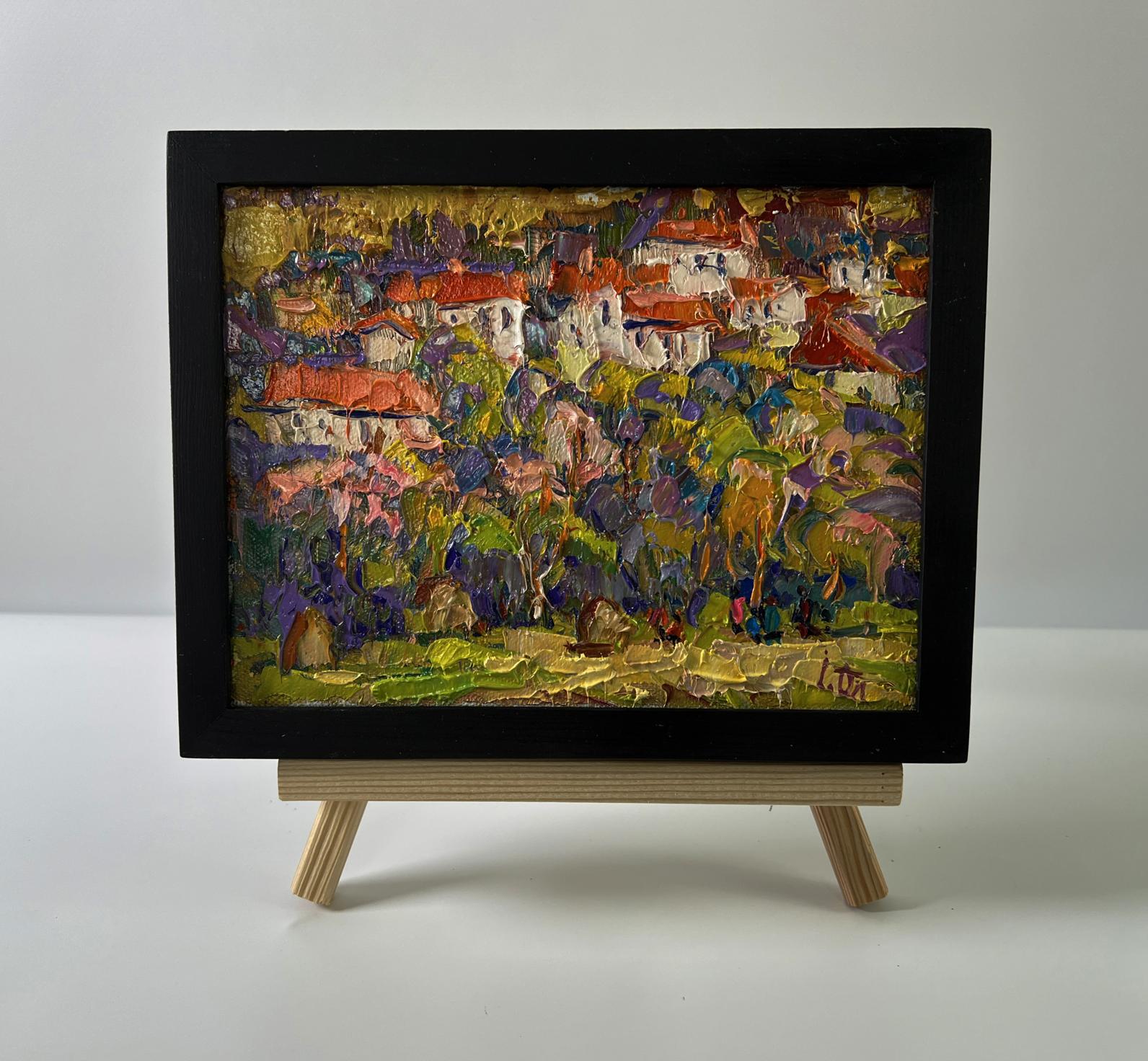 Oil painting Edge of the village by Oleksiy Ivanyuk in black frame