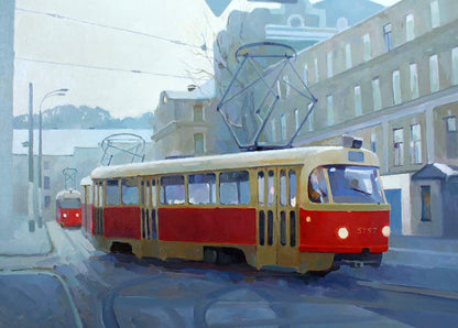 Red and cream vintage tram with trolley pole in Anastasia Yaroshevich winter city oil painting