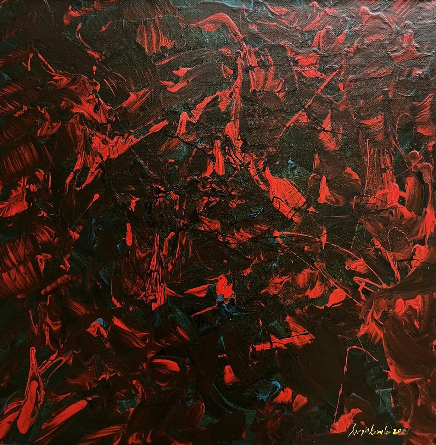 Oil painting Search for truth by Serhiy Kovalev: bold red strokes on black