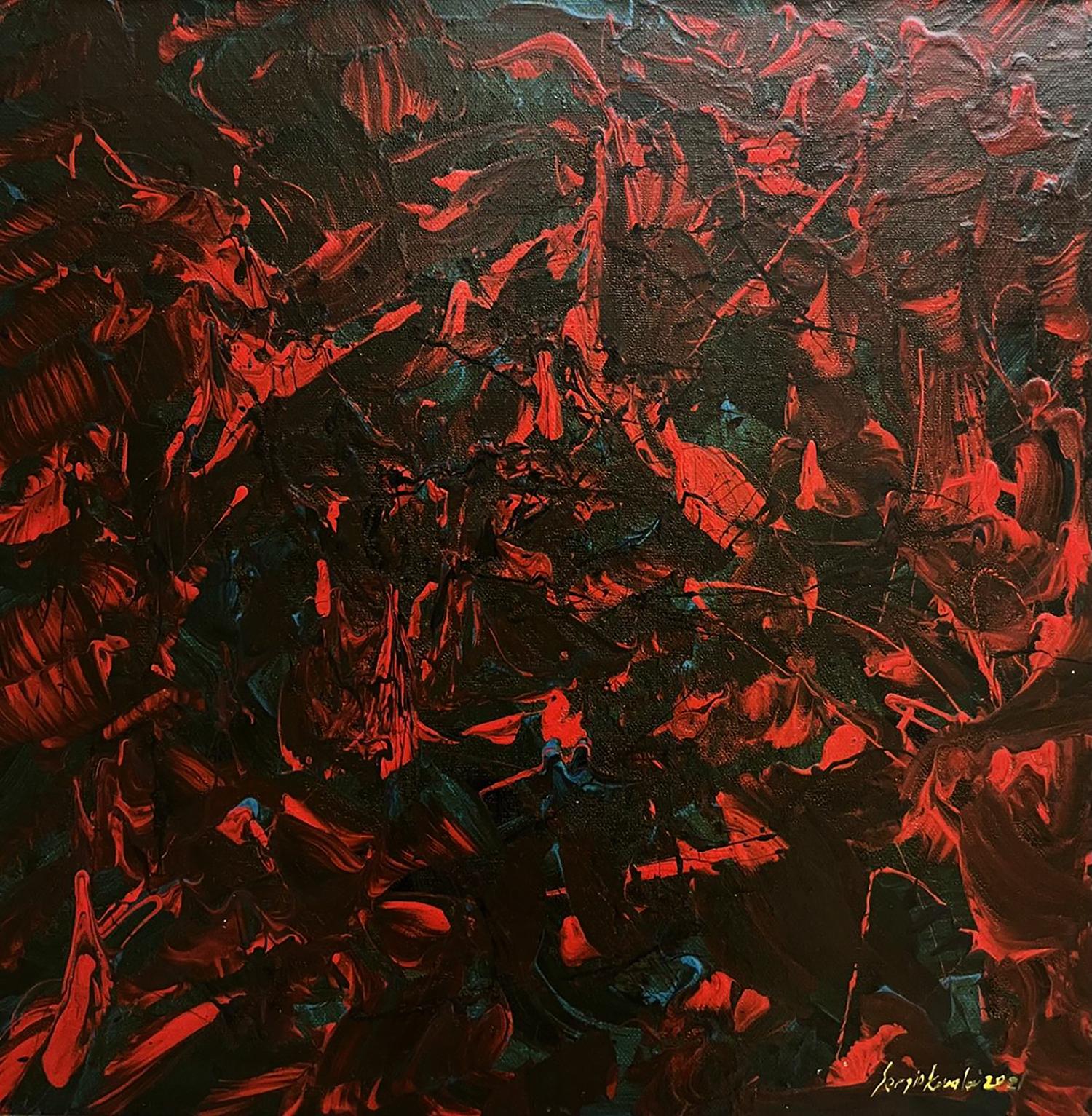 Oil painting Search for truth by Serhiy Kovalev: bold red strokes on black