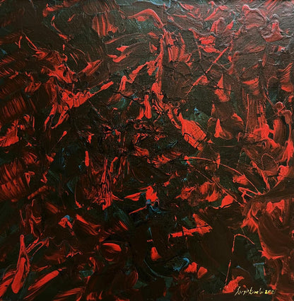 Oil painting Search for truth by Serhiy Kovalev: bold red strokes on black