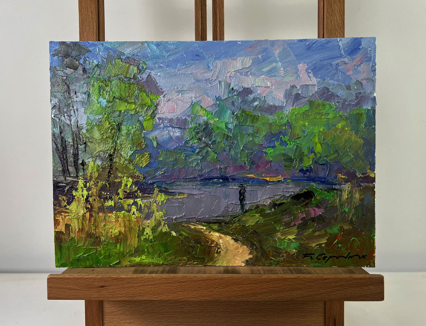 Oil painting Morning walk along the river by Boris Serdyuk, vibrant impressionist landscape