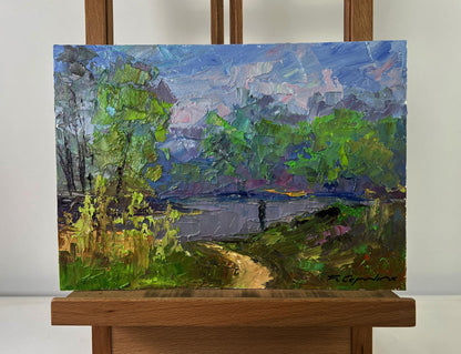 Oil painting Morning walk along the river by Boris Serdyuk, vibrant impressionist landscape