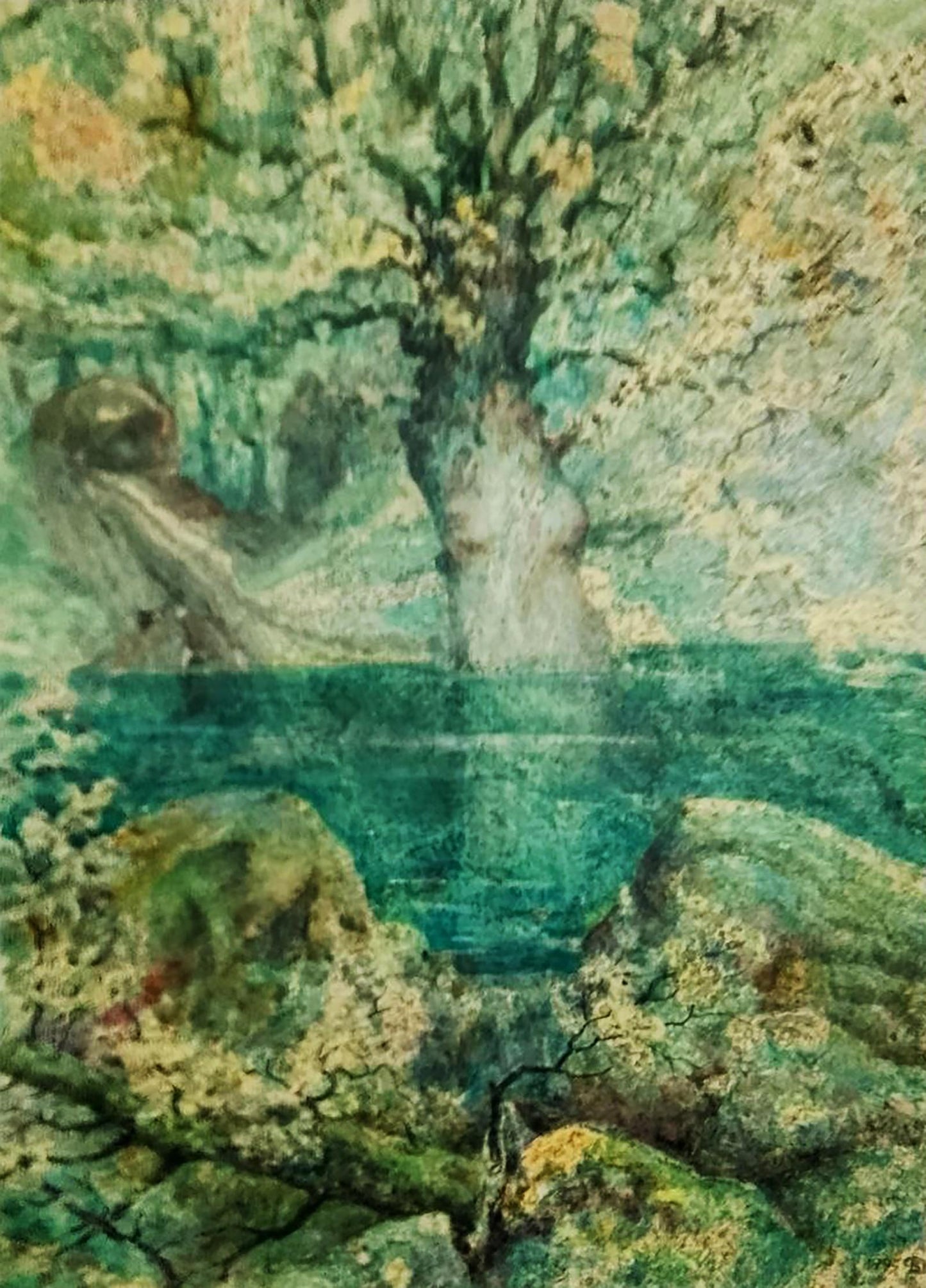 Dreamy impressionistic oil painting of flowering tree in lake by Vitaly Duhnevich