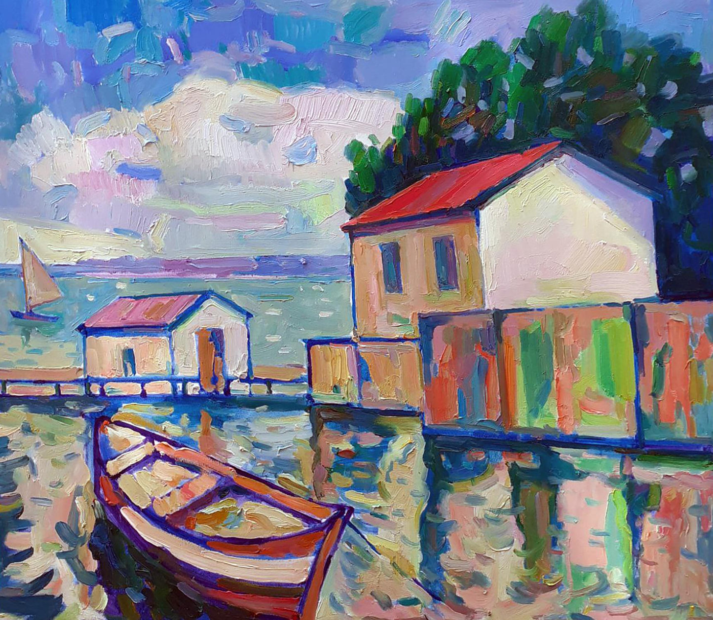 Oil painting by Peter Dobrev: red brown rowboat in calm reflective water