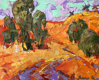 Vibrant oil painting Strong wind by Ivanyuk Oleksiy with orange green brushstrokes windmills purple sky