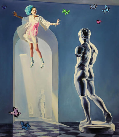 Oil painting Flight of Meletus by Igor Konovalov: woman in white pink dress floating amid butterflies