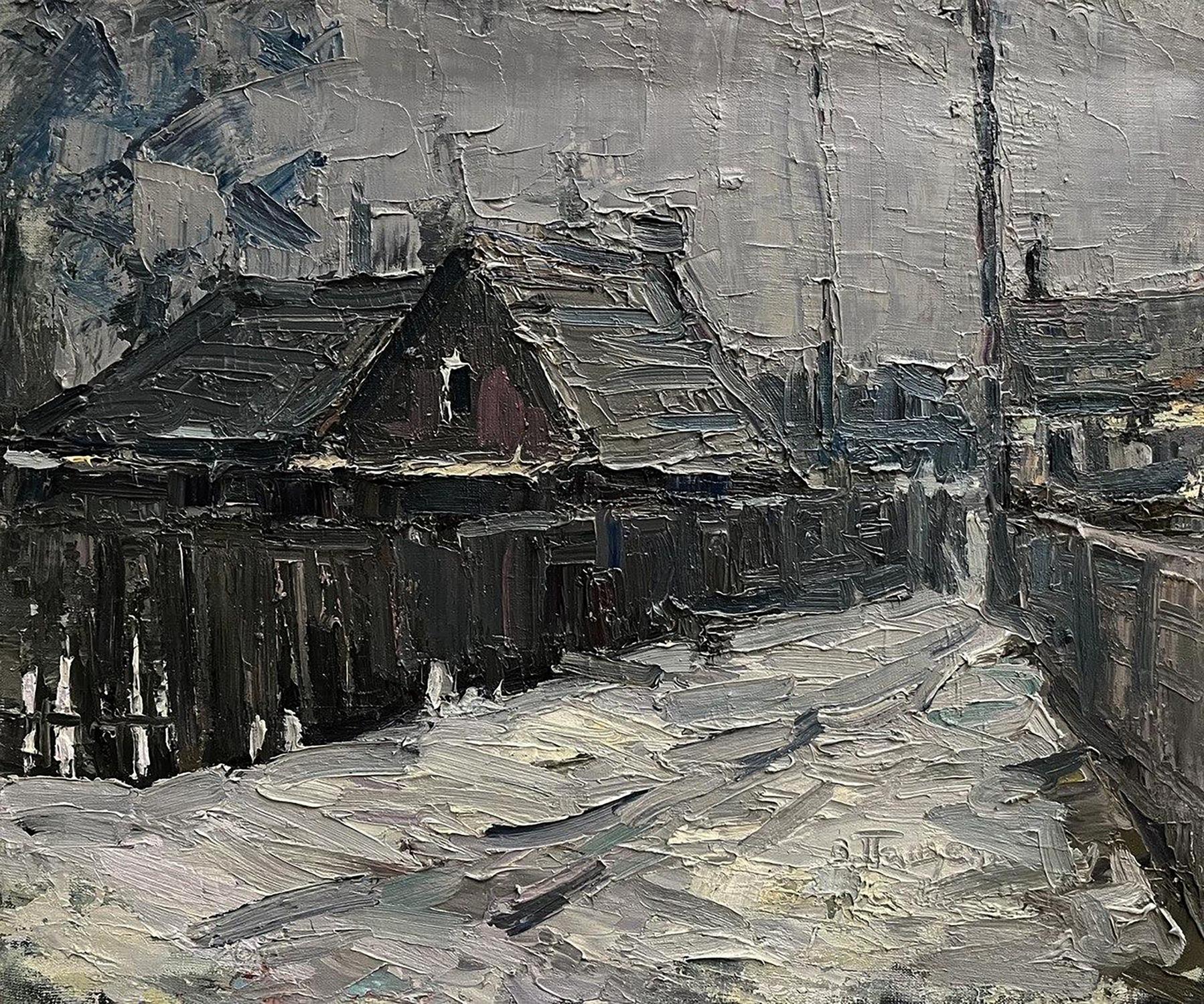 Oil painting Village Lane by Volodymyr Pashchenko, textured house in grays