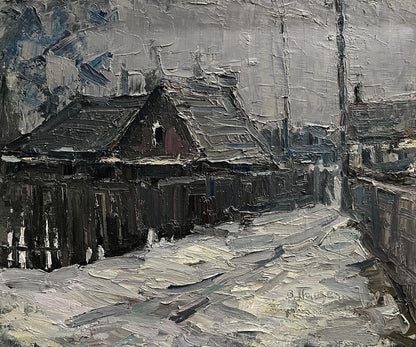 Oil painting Village Lane by Volodymyr Pashchenko, textured house in grays