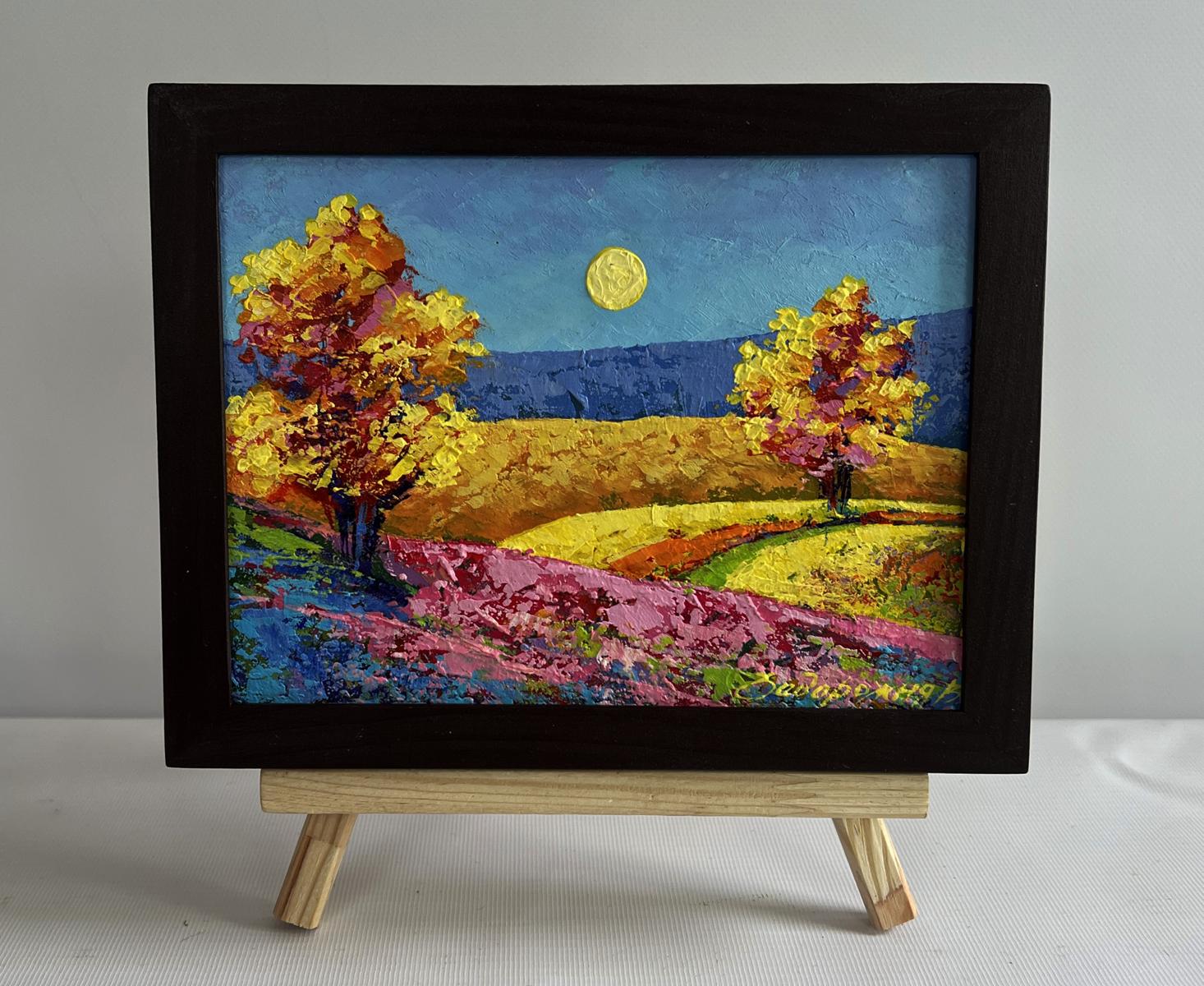 Oil painting of two autumn trees in field by V. Zadorozhnya, framed