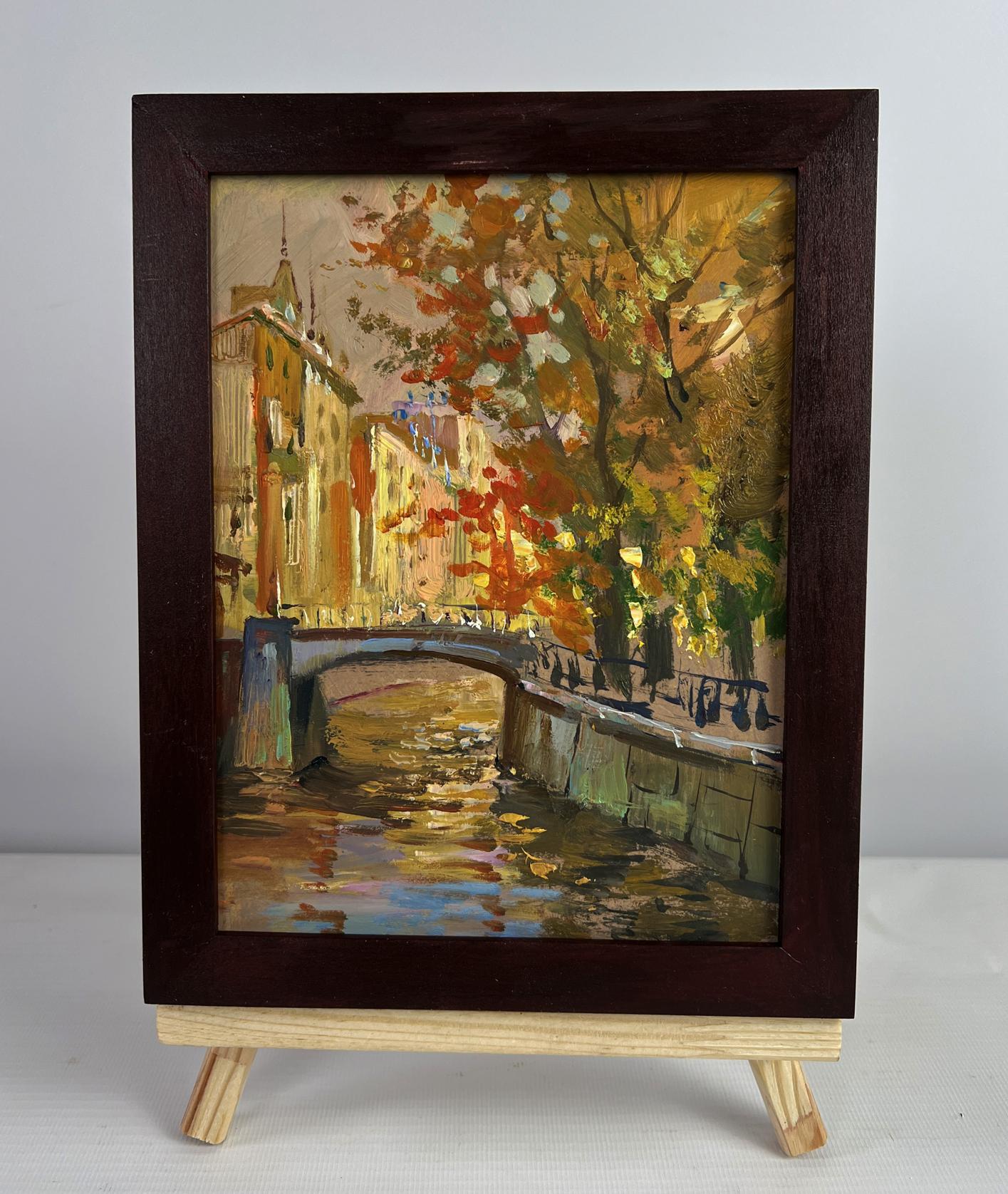 Oil painting Autumn city park by Yuriy Suprunchuk in dark wood frame