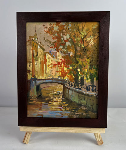 Oil painting Autumn city park by Yuriy Suprunchuk in dark wood frame