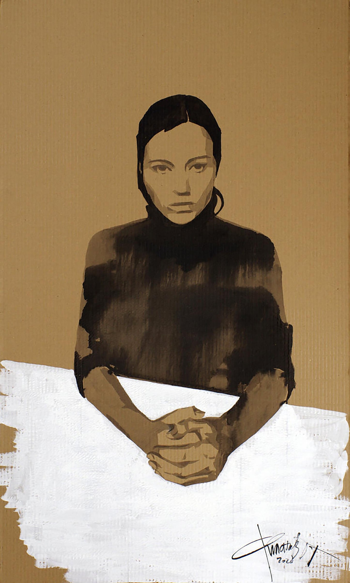 Stylized acrylic painting Trust by Dima Filatov: woman in dark turtleneck