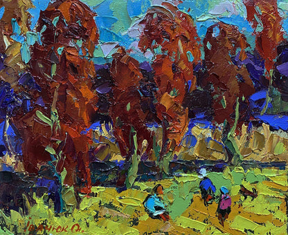Vibrant Autumn Crimson oil painting by Oleksiy Ivanyuk with bold impressionist trees
