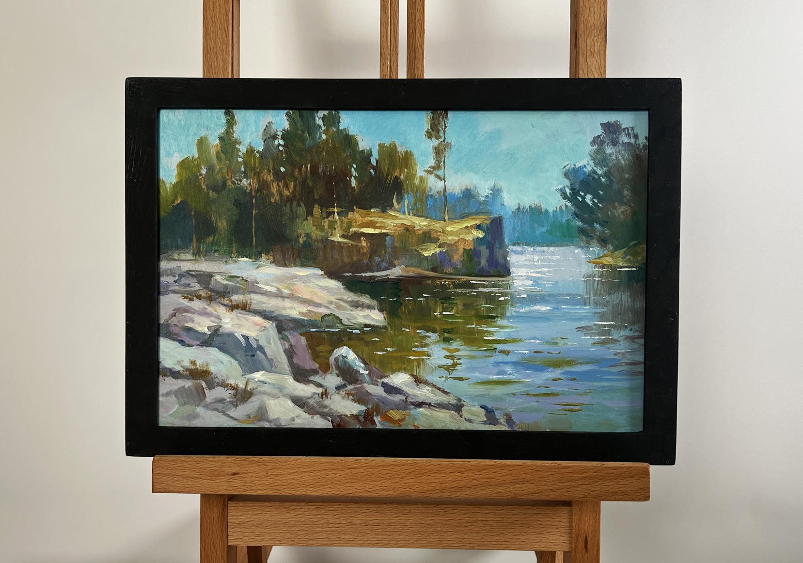 Black-framed oil painting Walk along the river by Yuriy Suprunchuk