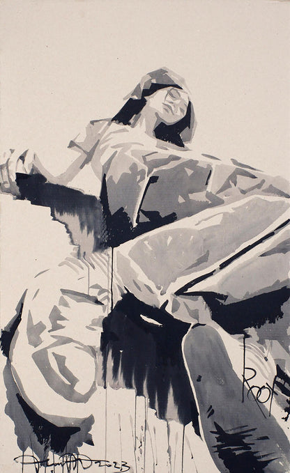 Abstract ink painting of reclining figure by Dima Filatov, Roof artwork