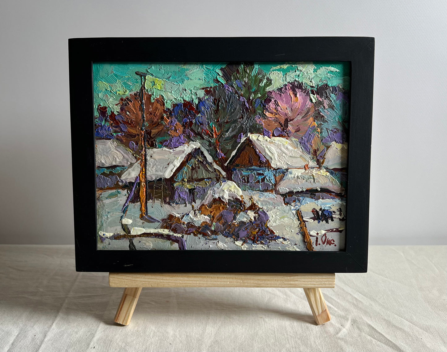 Framed oil painting The Yard is Covered in Snow by Oksana Ivanyuk