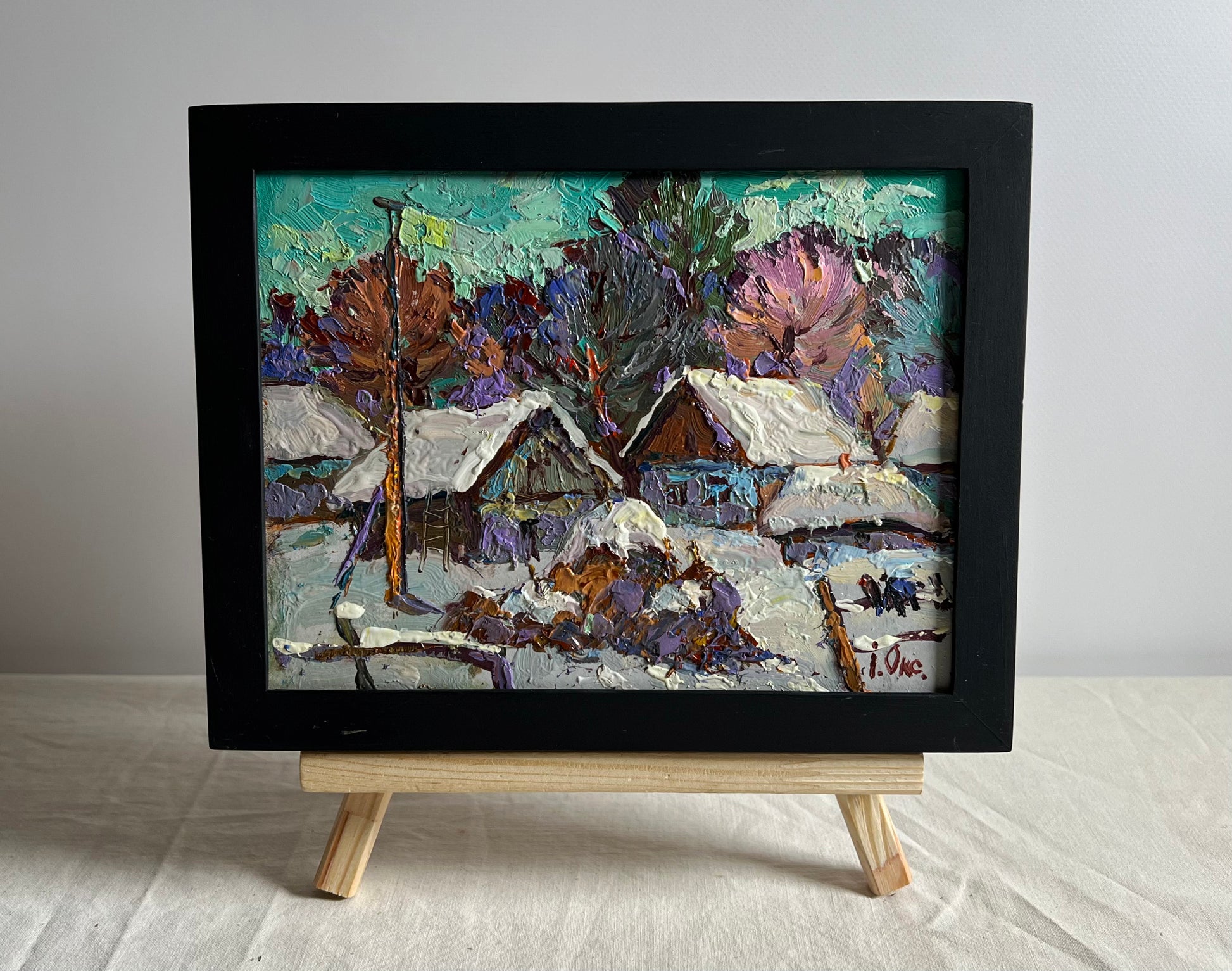 Framed oil painting The Yard is Covered in Snow by Oksana Ivanyuk