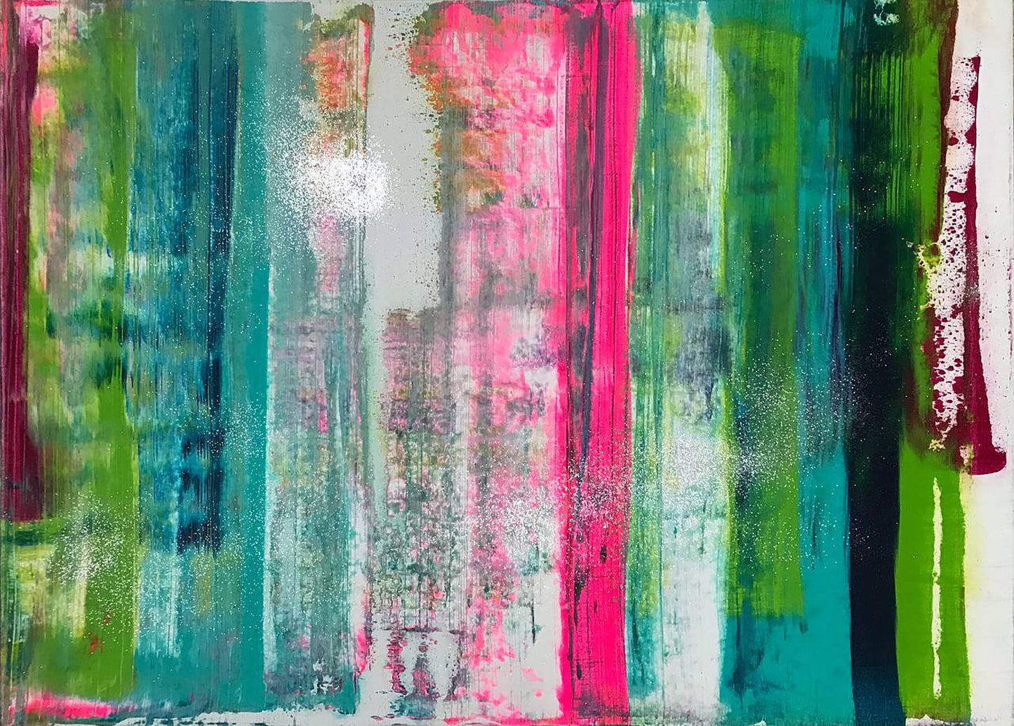 Vibrant Flow by Olga Melezhik: abstract green, teal, magenta stripes